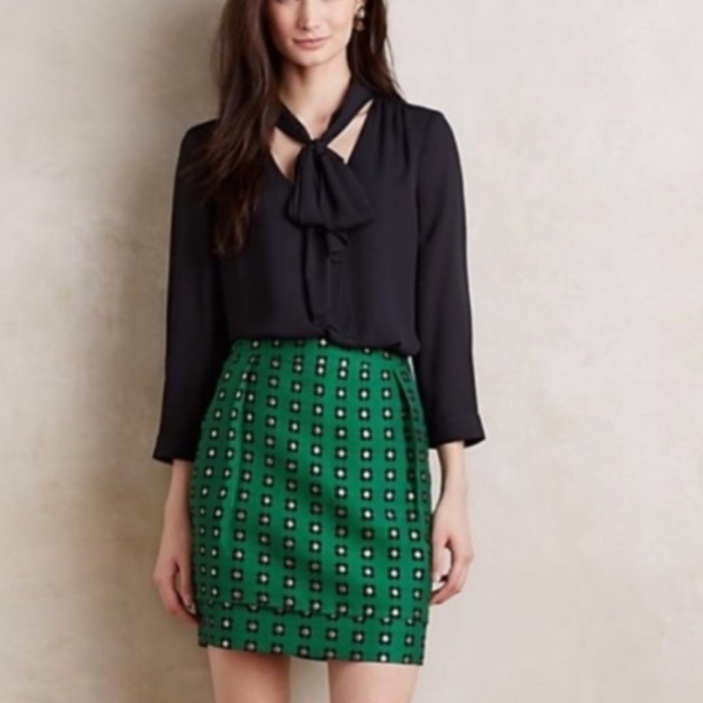 Anthropologie HD in Paris Glimmer Green Patterned Skirt